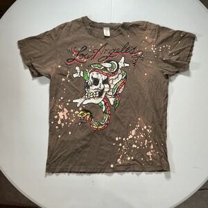 VTG Y2K Ed Hardy Graphic Brown Bleach AOP Splatter Skull Tattoo  T Shirt XXL